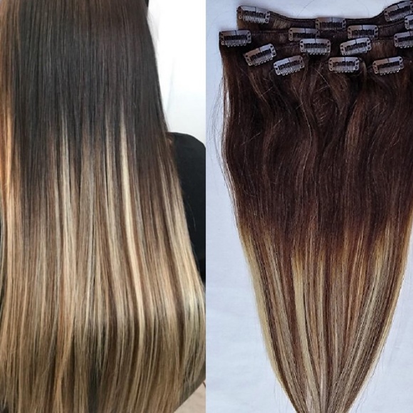 18" 100% Clip in Human Hair Extensions 7Pcs,14 clips # T2-6/613